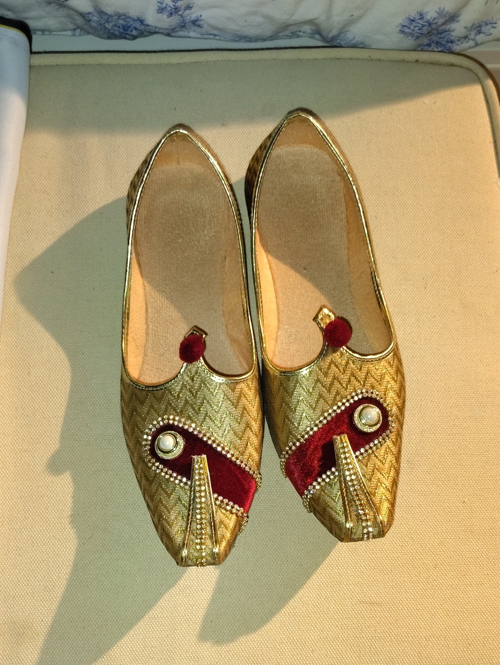 Gold and Burgundy Embellished Women's Moccasins Size 10